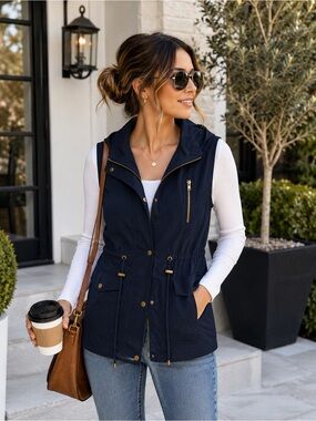 2Sable Women’s Hooded Utility Vest Navy Blue Drawstring Waist Snap Front Size L